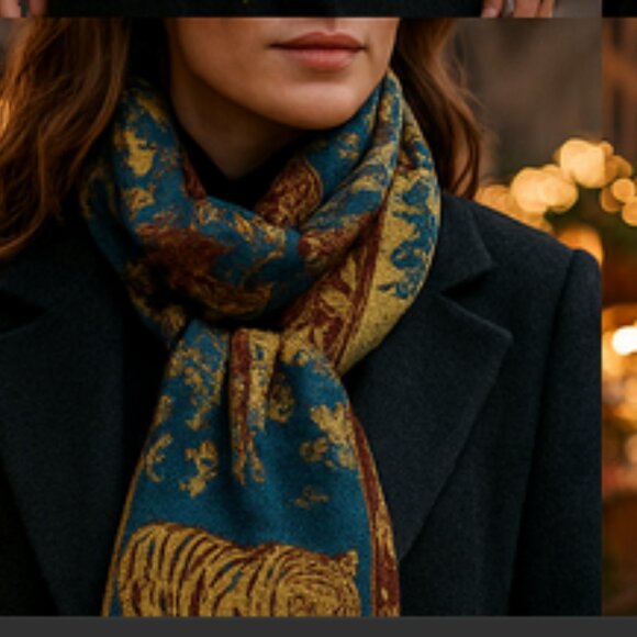 Vintage Wildlife Jacquard Pashmina-Style Shawl – Tigers, Elephants & Birds – Rev - Picture 3 of 16